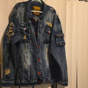 Makobi Distressed Denim Jacket with Red Accents